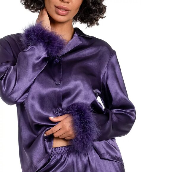 new PURPLE Linea Donatella Women's Marabou Feather-Trimmed Satin Pajama Set - Picture 3 of 6